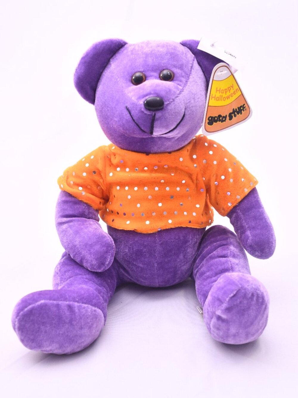 Good Stuff Happy Halloween Purple Teddy Bear Plush Orange Polka Dot Shirt NWT